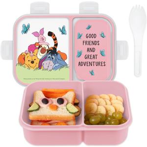 Disney Bento Box Leak-Proof Kids Lunch Box with Divided Compartments & Detachable Spork - Mickey & Minnie, Stitch, & Winnie the Pooh BPA Free Toddler Bento Box (Medium, Pooh & The Gang Blush Pink)