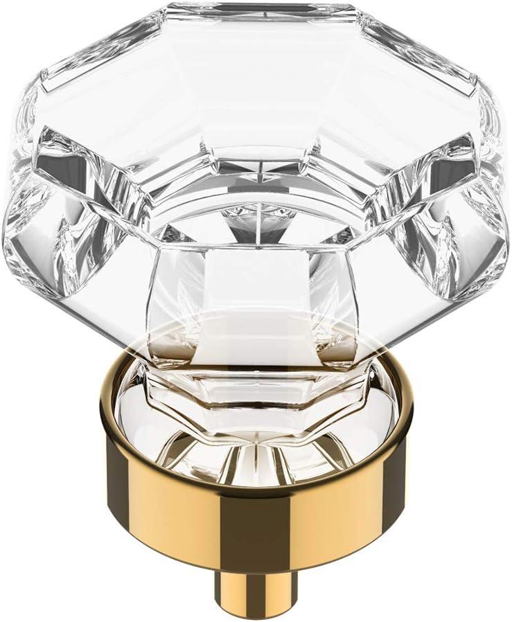 Alzassbg 10 Pack Clear Crystal with Gold Cabinet Knobs, 1-3/8 Inch(35mm) Cabinet Hardware Octagon Glass Crystal Knobs for Drawers AL1021 (10 Pack, Gold(Octagon))