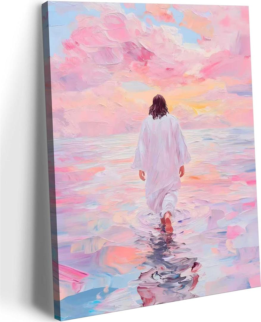 2 x Framed Pink Jesus Walking On Water Wall Art Christian Canvas Prints 12x16in, 16L"x12W" Canvas