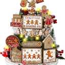 Shellwei 24 Pcs Christmas Tiered Tray Decor Set Wood Rustic Gingerbread Christmas Decoration Winter Farmhouse Decor Xmas Trees Gnome Elk Snowflake Signs for Table Shelf Home Centerpiece (Cute)