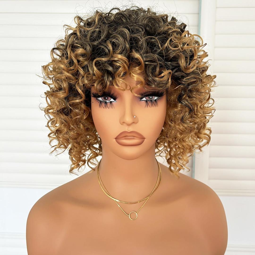 Short Loose Curly Afro Wigs 6 Inch Ombre Blonde Big Bouncy Kinky Curly Bob Wig with Bangs for Women Synthetic Heat Resistant Full Hair Wig