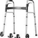 HolyHeal Folding Walkers for Seniors with 2 Skis and 5" Wheels, Lightweight Adult Rolling Walker, Supports Up to 350 Pounds, Adjustable Height, Aluminum Standard Walker, Silver