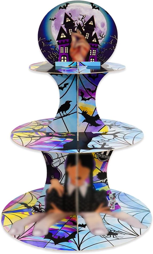 Gothic Birthday Decorations 3 Tier Cupcake Stand, Gothic Party Decorations Paper Cupcake Display Rack, Black and Purple Birthday Party Supplies for Girls Boys (Gothic Style)