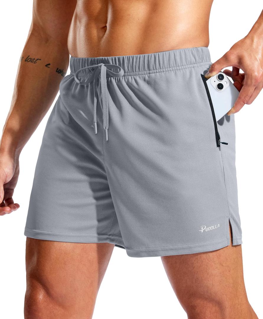 Pudolla Men's Workout Running Shorts with Zipper Pockets 5" Lightweight Quick Dry Athletic Gym Mesh Shorts no Liner(Light Grey Medium) (Gray, M)