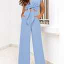 PRETTYGARDEN Women's Summer 2 Piece Outfits 2026 Cap Sleeve V Neck Belted Crop Tops Wide Leg Pant Sets Casual Tracksuit (Blue, M)