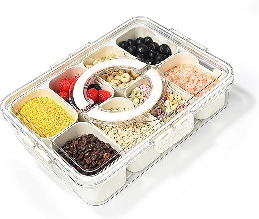 Snackle Box Container, Divided Serving Tray with Lid and Handle, 8 Compartment Snack Tray with Lid Airtight, Clear Organizer for Food Storage, Snack Box for Candy, Nuts, Snacks, Fruits, Vegetables, Pack of 2