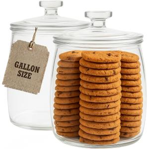 kitchentoolz 1 Gallon Glass Cookie Jar with Lid  Set of 2 Large Glass Jars with Lids for Cookies, Candy, Flour, Sugar, Pet Treats  Clear Glass Canisters for Food Storage - Pack of 2