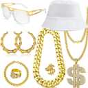 GIFIKOI 80 90s Accessories Outfit for Woman Hip Hop Costume Kit Old School Rapper Golden Chain Necklaec Big Hoops Jewelry