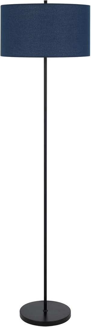 Benjara Sie 59 Inch Floor Lamp, Linen Shade, Round Base, Metal Pole, Black and Navy Blue