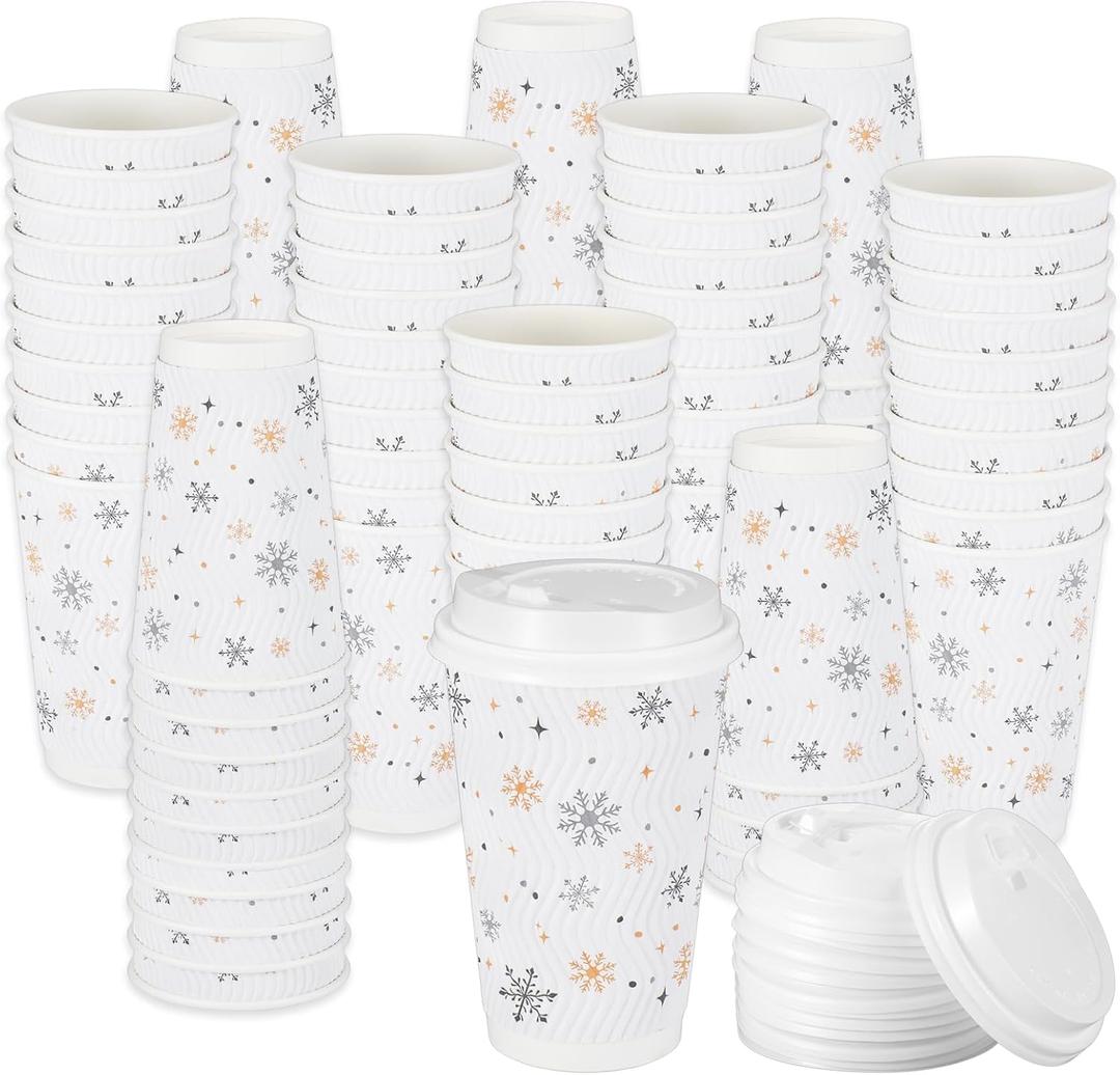 100 Pcs 16 oz Christmas Coffee Cups with White Lids Snowflake Disposable Paper Cups Bulk Insulated Hot Cocoa Cup for Tea Beverage Picnics Family Gatherings Xmas Holiday Party Supplies