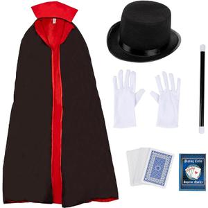 Magician Costume for Halloween, Includes Hat, Gloves, Wand, Cape, and Playing Cards (Adult Size, 5 Pieces)