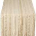 DII Farmhouse Braided Stripe Table Runner Collection, 15x108 (15x113, Fringe Included), Vintage Linen