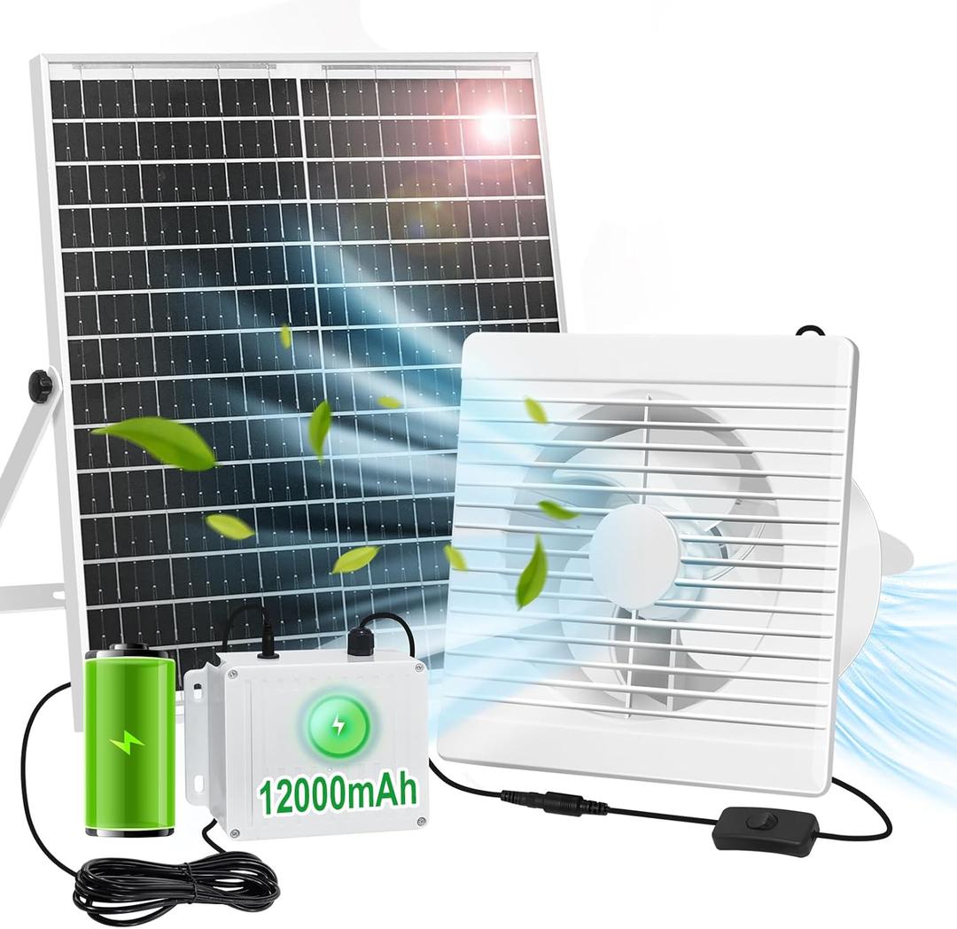 Solar Powered Fan with 24000mAh Battery Run Day/Night, 25W 9.8" Solar Fan for Chicken Coop with 2 Fan Speed/Timer, Waterproof Solar Greenhouse Fan for Shed, Chicken Coop, Greenhouse