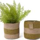 Jute Planter Basket-Woven Jute Rope Covers for Decorating Indoor/Outdoor Succulents, Small Plant Pots-Set of 2-Multi-Purpose Storage Bins 6.5 Inches - Modern Style Dcor- Olive & Natural