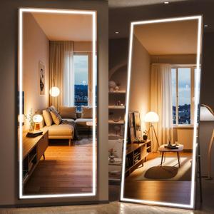 Full Length Mirror with Lights, 83" x 36" Large LED Lighted Floor Standing Body Mirror, Dimmable & 3 Color Lighting for Bedroom, Cloakroom, Dressing Room, Tempered Glass, Square Black