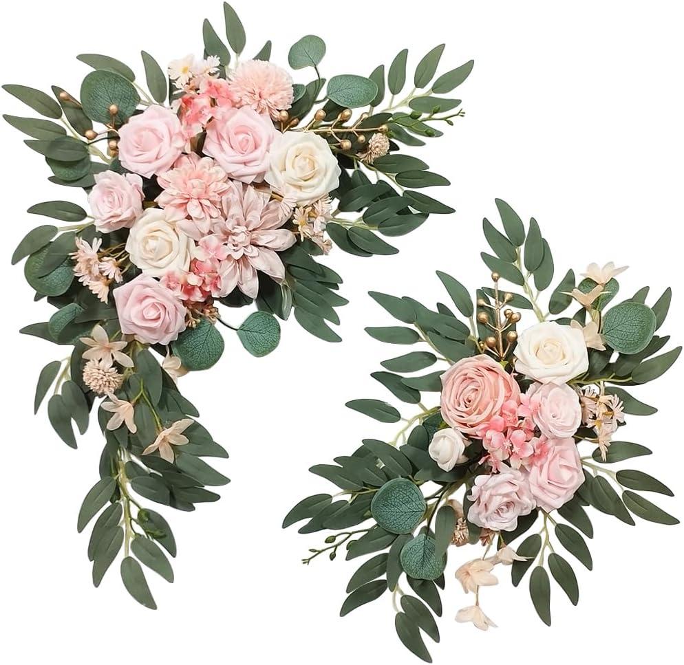 Artificial Flower Swag Wedding Arch Flowers Set of 2 Rose Flower Swag Arrangements for Wedding Party Welcome Ceremony Sign and Reception Backdrop Floral Decoration (Pink)