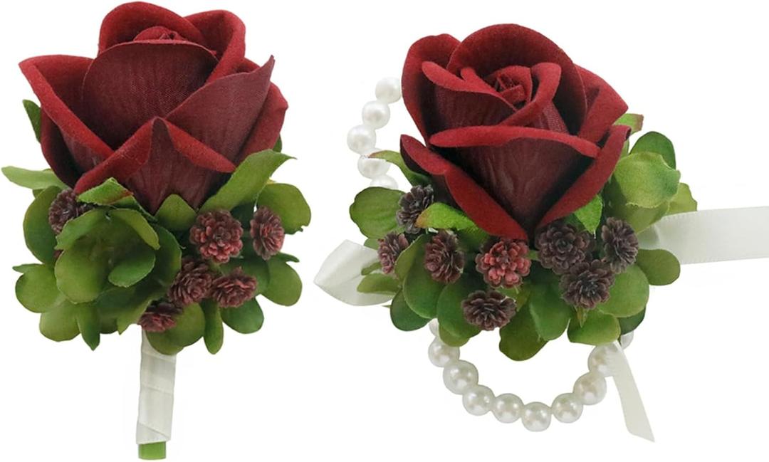 2 x MAFELOE Boutonniere Corsage Set, Artificial Flowers Accessories for Wedding Prom Party Homecoming Celebration Suit Decorations-2 Pieces Burgundy+Green