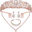 CIEHER 4/5 Pieces Women Jewelry Set - Rhinestone Crown + Drop Necklace + Elegant Bangle Bracelet + Crystal Teardrop Dangle Earrings for Bridal Wedding Party