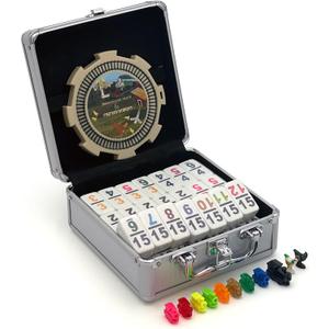 CHH Double 15 Numeral Pro Size Mexican Train & Chicken Domino Set in Aluminum Case  136 Multicolor Tiles  Complete Set with Train Markers and Hub