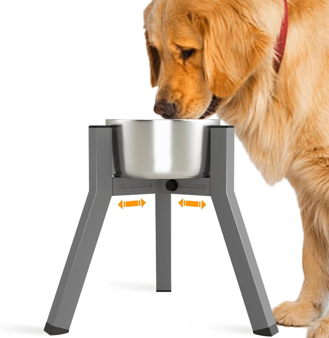 SHAINFUN Grey Elevated Dog Bowls Stand for Large Medium Breeds, 11" Height Adjustable Width 7-10.7", Single Tall Feeder Holder (Bowl Not Included)