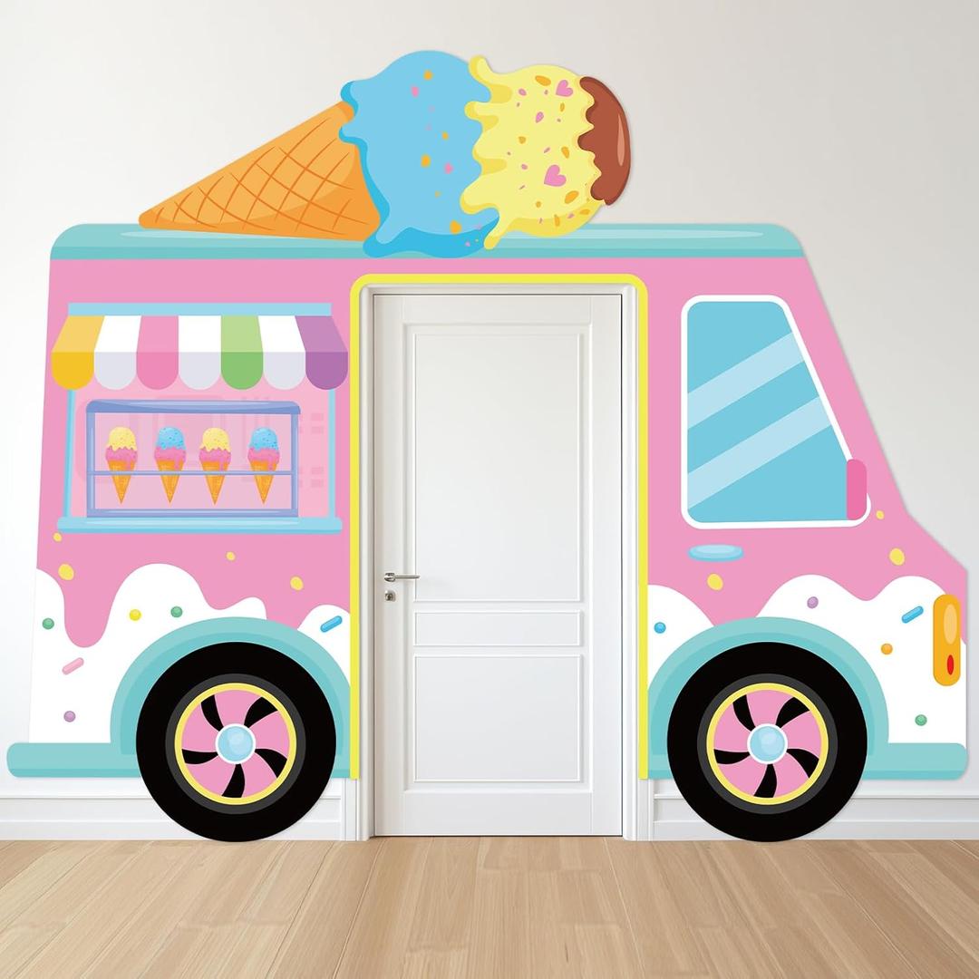 Ice Cream Truck Shaped Porch Sign Banners Ice Cream Birthday Party Hanging Backdrop Sweet Dessert Door Decoration Background Summer Photo Props Party Decor for Girl Baby Shower Wall Home Supplies