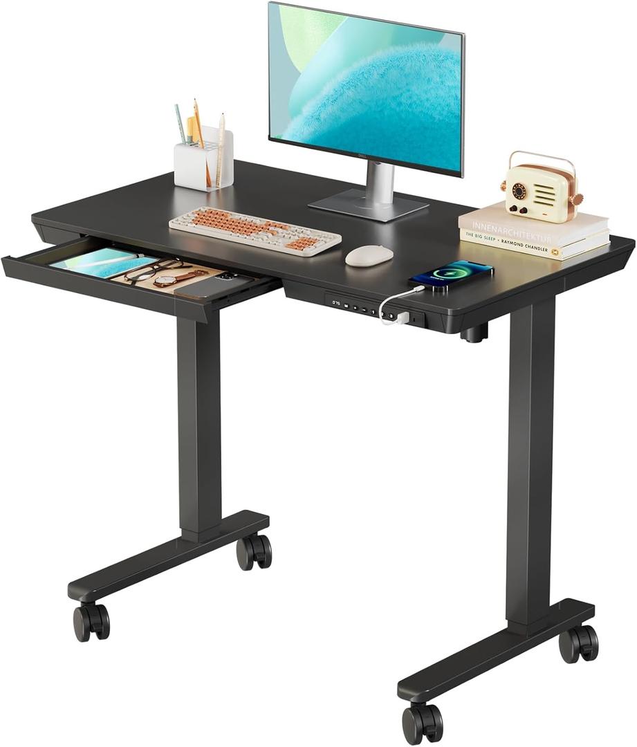 Small Standing Desk with Drawer, 35" x 20" Whole Piece Tabletop Electric Sit Stand Table, Height Adjustable Desk with Storage & USB Ports, Quick Install Home Office Computer Desk, Black