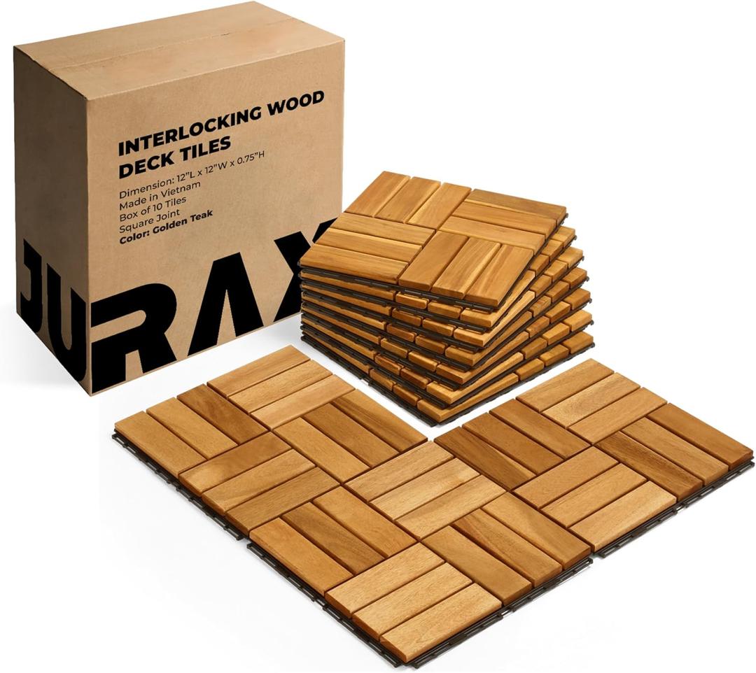 Premium Patio Deck Tiles, 10 PCs 12x12 Snap Together Wood Flooring for Outdoor, Balcony, Porch, Poolside, Waterproof All Weather, Golden Teak