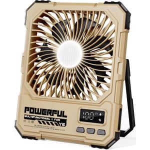 Portable Fan, Camping Fan, 20000mAh 6-Inch 18-85H Rechargeable Ultra Thin Foldable with Built-in Power Bank, LED Light, Remote Control, Hook for Outdoor Camping Tent RV Travel (Khaki)