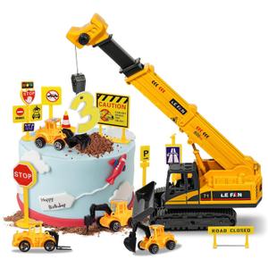 RAYNAG 16 Pieces Construction Cake Topper Vehicles Cake Decoration Set Construction Birthday Party Supplies Large Crane Excavator Traffic Road Sign Cake Topper for Birthday Party Supplies Favours