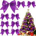 Cindeer 24 Pcs Purple Christmas Bow Decorations 6 x 6 Inches, Glitter Holiday Ornaments Sequin Ties Bows for Xmas Tree, Wreath, DIY Crafts, Gift Wrapping, Party Decor