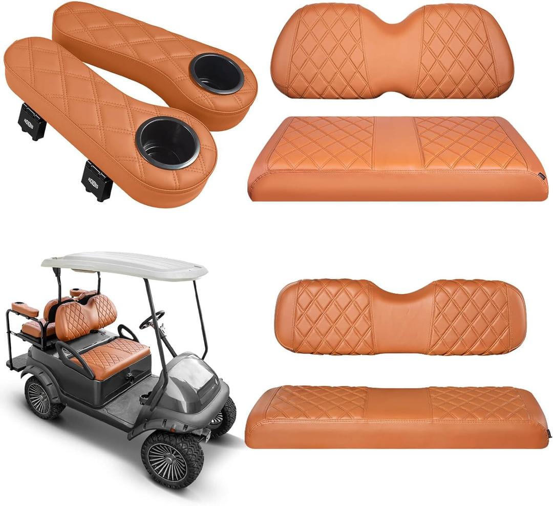 NOKINS Golf Cart Seat Covers for Club Car Precedent, Vinyl Front&Rear Seat Cover with Flip-Up Armrests kit, with Cup Holder, for 1" Square Tube (All Brown)