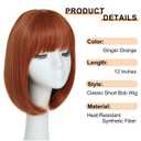 Ginger Bob Wig with Bangs for Women Short Orange Wigs Natural Fashion Synthetic Wig for Daily Halloween Cosplay Colorful Costume Wig Use 12 Inch