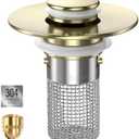Sink Stopper Hair Catcher, Pop-up Sink Drain Strainer with Removable Stainless Steel Strainer Basket Hair Catcher, Bathroom Sink Strainer for Bathroom Sink Stopper Replacement(Brushed Gold-1PCS)