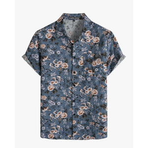 Men's Cotton Linen Vintage Pattern Printed Old Style Shirt Casual Short Sleeve Button Down Retro Shirts 2XL