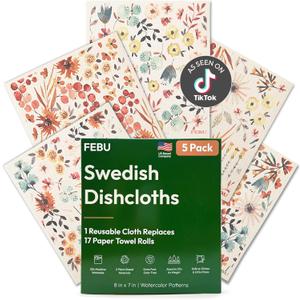 FEBU Swedish Dishcloths for Kitchen | 5 Pack Watercolor Reusable Paper Towels Washable | Swedish Dish Towels | Non-Scratch Cellulose Sponge Cloths | No Odor, Biodegradable Cleaning Cloths