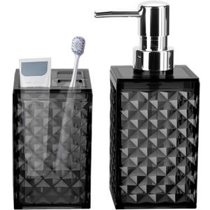 Bathroom Accessories Set 2 PCS, Black Bathroom Accessories Include Soap Dispenser and Toothbrush Holder, Diamond Pattern Bathroom Set for Boho Bathroom Decor