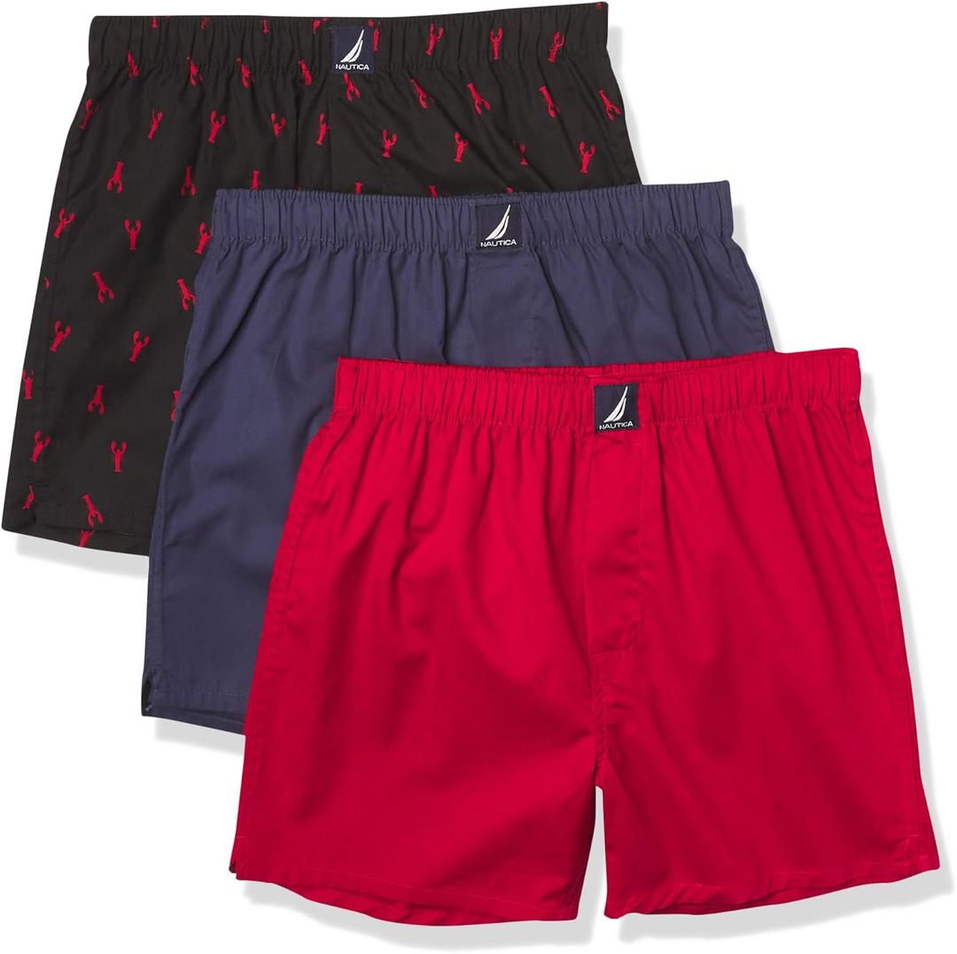 Nautica Men's Classic Cotton 3-Pack Woven Boxers (Medium, Nautica Red/Peacoat/Lobster Black)