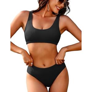 AI'MAGE Women Ribbed Bikini Sets Sporty Swimsuits Scoop Neck Two Piece Bathing Suits High Cut Bikini, Size: M