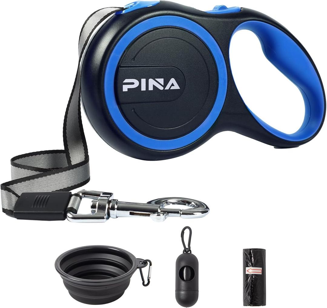 PINA Retractable Dog Leash, 26ft Dog Leash for Small Medium Large Dogs Up to 110lbs, 360 Tangle-Free Strong Reflective Nylon Tape, with Anti-Slip Handle, One-Handed Brake, Lock - Black Blue