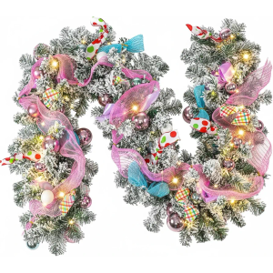 Riceshoot 6 ft Pastels Christmas Garland with Lights for Mantle Pink Candy Xmas Garland Macarons Christmas Decorations for Front Door Fireplace Porch Table Centerpiece Outdoor Party Decor