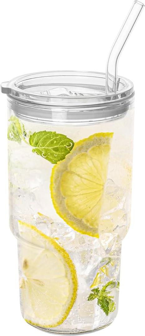 Glass Tumbler with Lid and Straw, Borosilicate Glass Iced Coffee Cup Smoothie Cups 24 oz/750ml for Hot or Cold Drinks (1PCS)