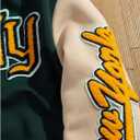 GORGLITTER Men's Letter Graphic Varsity Jacket Long Sleeve Striped Trim Button Bomber Jackets (L)