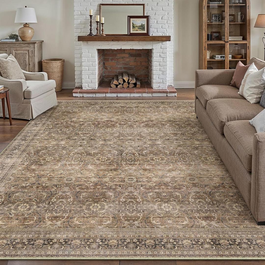 Area Rug 8x10 Vintage Brown Machine Washable Living Room Rugs Distressed Retro Floral Vacuumable Low Pile Carpet Bedroom Office Dining Room Laundry Room Non Slip Soft Lightweight