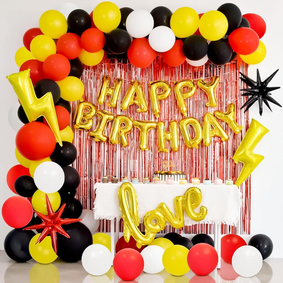 Red Yellow Birthday Party Decorations, Happy Birthday Banner, Red Yellow Fringe Curtain with Latex & Confetti Balloons, with Love, Star, Lightning Bolt Foil Balloons for Boy Girl Birthday Party