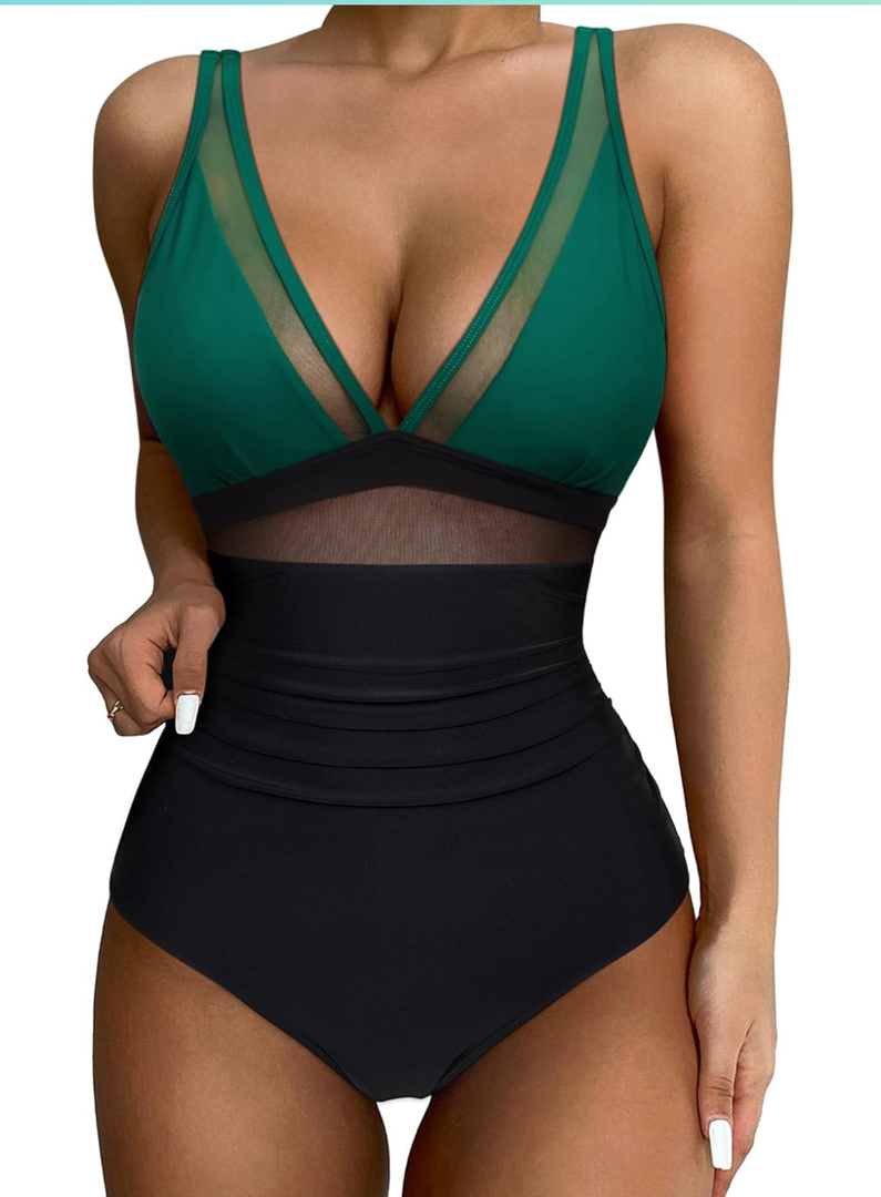 SUUKSESS Women Sexy Mesh Tummy Control Swimsuit Push Up High Waisted Bathing Suit, Size M
