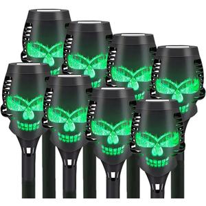 8 Pcs Halloween Solar Flame Lamps, LED Solar Flame Lamps, Dancing and Flickering Flame Torch Lamps, Outdoor Courtyard Waterproof Skull Decoration Lamps (Green)