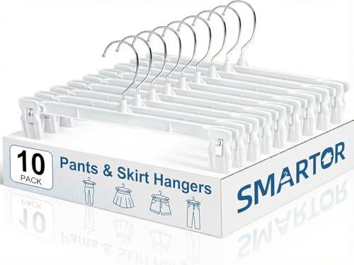 Smartor Skirt Hangers | Pants Hanger with Clips | Space Saving| Durable| Strong Clips| Pant Hanger for Men| White Hangers Clips for Women Shorts, Jeans, Slacks - 10 Pack