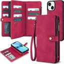 TwoHead Designed for iPhone 13 Wallet Case with Card Holder,Detachable Magnetic Phone Case with Wallet PU Leather Wallet Phone Case for iPhone 13 Case Wallet for Women/Men with Wrist Strap(Wine Red)