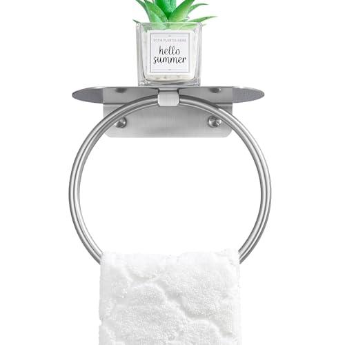 APLusee Towel Ring with Shelf Brushed Nickel, 304 Stainless Steel Rustproof Wall Mounted Holder, Space-Saving Storage for Hand Towels & Bathroom Essentials