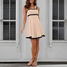 Senllen Womens Summer Flowy Mini Dress 2026 Casual Spaghetti Straps Sleeveless Smocked Backless Swing Wave Trim Sundress
, M